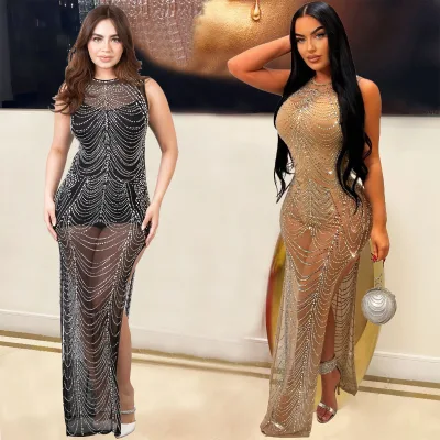 Stock CX6733 Sexy Rhinestone Maxi Dress Woman Sleeveless See A-Line Empire Waist Milk Silk for Birthday Party Club Wholesale