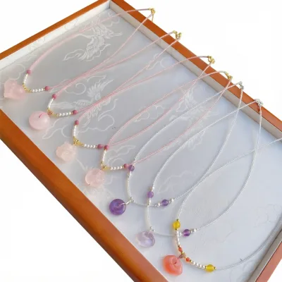 Wholesale Spring and Summer Trendy Natural Crystal Necklace Amethyst Rose Quartz Oval Shape Gravure Printed DIY Collarbone Chain