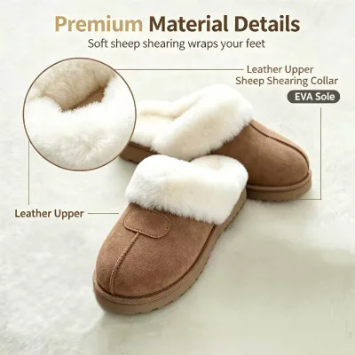 Sample Support Luxury Cow Leather Home Shoes Fluffy Sheep Shearling Inner Plush Slip on Winter Anti Slip EVA Sole