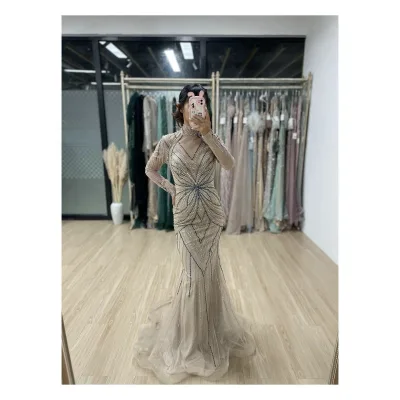 MB40065 Beaded Sequin High Neck Long Sleeves Simple Evening Party Prom Dresses Vestido De Fiesta Para Mujer for Mother Bridal