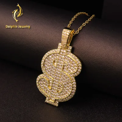 Custom Iced Out Dollar Sign Pendant Full Pave Lab Diamonds 14K Gold Hip Hop Money Symbol Charm Unisex Street Jewelry