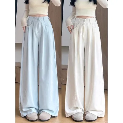 Summer New Ice Silk Floor-Length Pants for Women High Waist Slim Fit Loose Milk Foam Suit Wide Leg Trousers