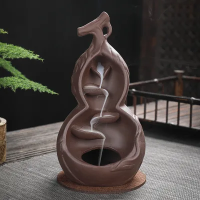 Gourd and Lotus Waterfall Incense Burner Cones Stick Holder Ceramic Censer Aroma Smoke Backflow Home Decor Zen Garden Decor