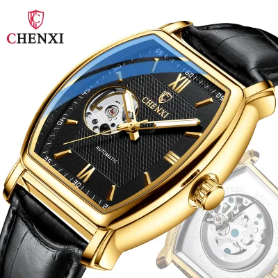 CHENXI Men's Mechanical Watch Luminous Fashion Square Hollow Out Business Leather Strap Male Wristwatches Relogio Masculino