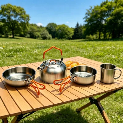 High Quality Durable Non-Stick 4-Piece Stainless Steel Outdoor Camping Cookware Set with Oven Safe Utensils