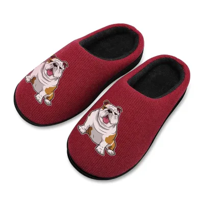 Cute Women's Men's Knitted Cotton Slippers with English Bulldog Printing Memory Foam Warm House Casual Slippers