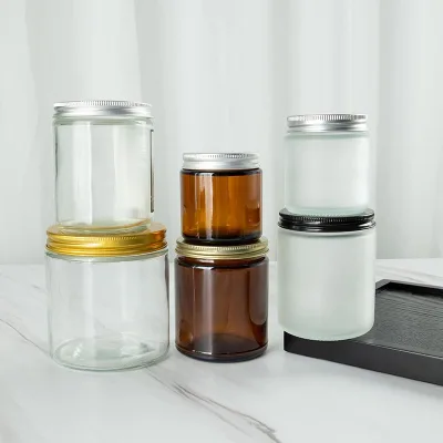 Hot Sale 4oz 8oz 16oz Wide Mouth Straight Sided Jar Clear Frosted Amber Glass Bakhoor Jar with Bamboo Lid