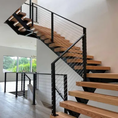Custom Powder Coated Steel Cable Wire Railing Kit Matching Solid Wood Stair Tread Multiple Size Custom for Home Stair Guardrail
