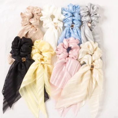 Double Layered Bow Striped Ribbon Satin Scrunchies Hair Ties Charm Scrunchies