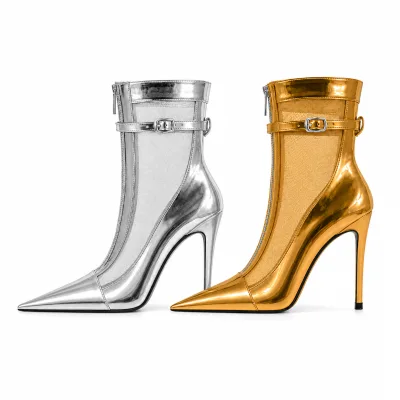 Custom Large Size Metallic Mesh Ankle Boots for Wider Feet 10cm Stiletto Heels OEM ODM Women's Footwear Factory Private Labeling