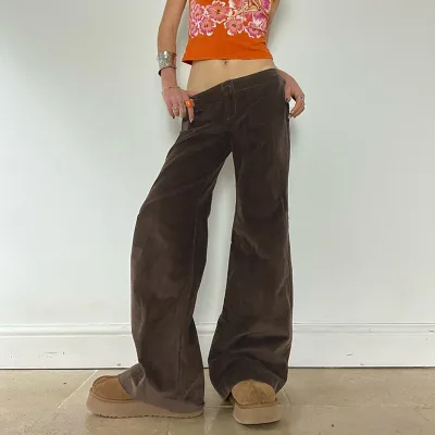 Custom Vintage Solid Corduroy Flare Pants Streetwear Low Waist Straight Casual Baggy Trousers Autumn Winter Women Y2k Clothes