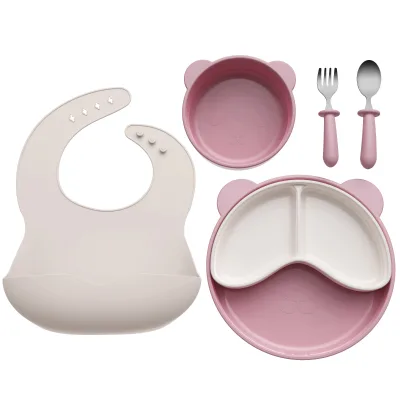 Wholesale Supplies Cute Weaning Products Silicone Baby Feeding Set Bib Bowl Spoon Strong Suction Plates Baby Tableware