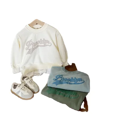 Custom Kids Spring Letter Print Sweatshirt Toddler Baby Boy Long Sleeve Crewneck 100% Cotton Vintage Puff Print Sweatshirt
