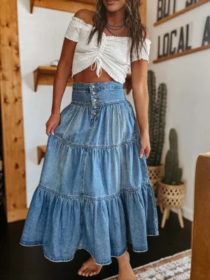 High Waist Button Front Tiered Denim Midi Skirt Ruffled Layered Flowy Swing a Line Long Skirt Multiple Solid Colors
