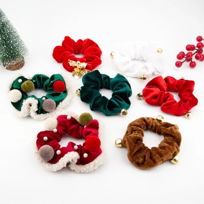 Wholesale Custom Hair Accessories Bell Festival Christmas Plush Printing Hair Scrunchies for Women