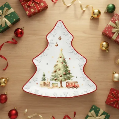 LovingHome Ceramic Porcelain Christmas Red Tree Shape Dinner Plate Set for Restaurants Hotels-Eco-Friendly Modern Luxury Dishes