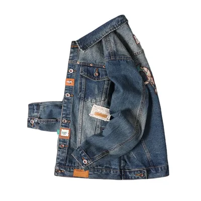 New Arrival Men's Badge Patches Blue Denim Jacket Streetwear Patchwork Jean Coat Ripped Outerwear
