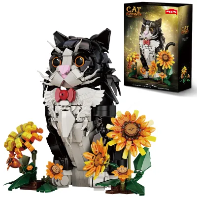 Small Particle Educational Building Block Set, Cute Sunflower Cat Wearing Black Dress Model for Kids