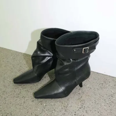 Original Black Cowhide Western Ankle Square Toe Chunky Heel Boots Women's Pile Pleated Thin