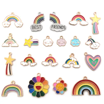 Alloy Metal Enamel Color Charms for DIY Jewelry Making Rainbow Sunflower Smile Pendant for Necklace