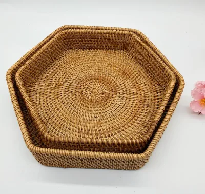 Vietnamese Eco-Friendly Rattan Woven Hexagonal Multifunction Storage Basket for Snack Tea Fruit Plate Organization Kitchen