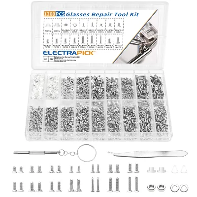 1200pcs Eyeglass Glasses Repair Kit Screws with Tweezers Screwdriver Tiny Mini Screws Nuts Assortment Kit Fasteners
