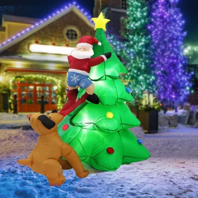 Dog Puppy Chasing Christmas Santa Climbing Christmas Tree Inflatable Decoration Indoor Outdoor Inflatable Santa Xmas Tree