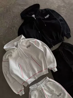 ZY New Arrival Customized Logo Mens Casual Style Heavyweight Cotton Sweatsuit Contrast Stitch Hoodie and Sweatpants Set for Men