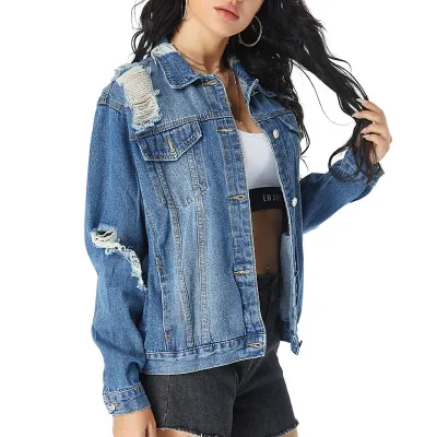 CC-  C04  Wholesale Fashion Casual Ripped Distressed Vintage Washed Women Jean Denim Jackets  for Girls