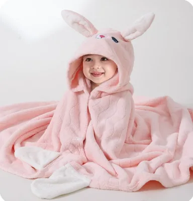 Thickened Hooded Bathrobe for Newborns Quick-Dry Knitted Baby Wrap with Plush Bunny AC Baby Blanket