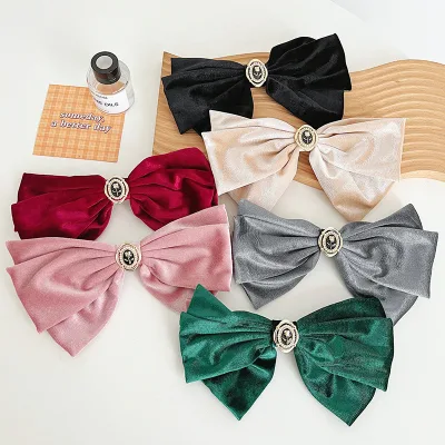 Korean Version of Autumn and Winter Solid Color Velvet Bow Hairpin Female High-end Temperament Pearl Top Clip
