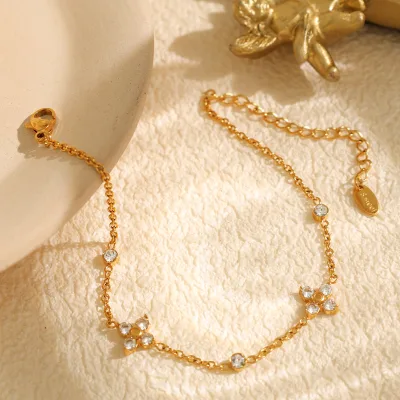 Custom Gold Plated Flower Bracelet with Sparkling Crystals in Stainless Steel Dainty  Leaf Clover Link Chain Jewelry for Women