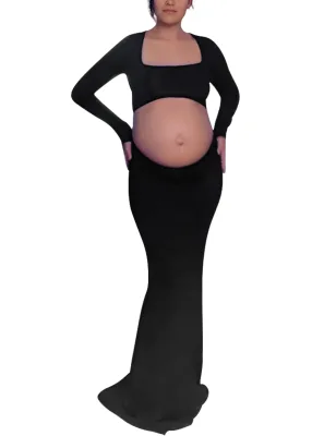 Bhome Maternity Photoshoot Dress Long Sleeve Sexy Cut-Out Backless Floor-Length Maxi Gown Photography Outfits Polyester Spandex