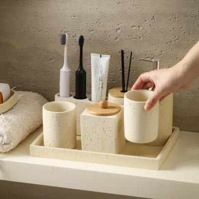 Wabi-sabistyle Seven-piece Storage Set China Rinsing Cup Toothbrush Holder Lotion Bottle Fragrance Diffuser Soap Dish Tray