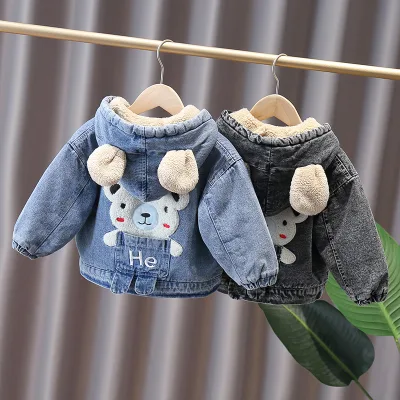 2026 Custom New Baby Boys' Jacket Stylish Lamb Fleece-Lined Denim Cotton Thickened Zipper Closure Long Length Clothing