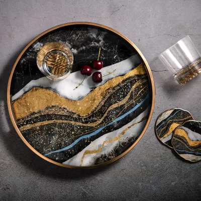 Wholesale Modern Eco-Friendly Walnut Rectangle Breakfast Tray Gold Glass Coffee Food Tray Home Hotel Round Contemporary