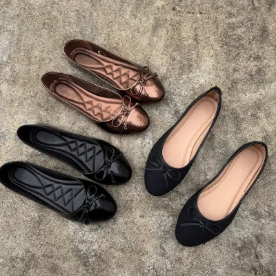 Ladies Round Toe Bow Ballet Flats Soft Padded Slip On Flat Shoes Metallic Black Casual Office Dailywalk Women Ballerina Footwear