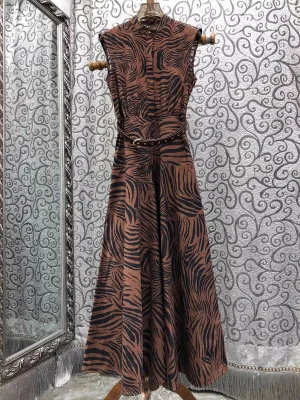 New Long Dress 2026 Summer Fashion Lady Sexy Wild Zebra Print Pocket Belt Patchwork Sleeveless Casual Party Long Maxi Dress
