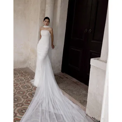 Bride Modern Lace White Tube Top Morning Gown Elegant Neck Veil Floor-Length Anti-static Tulle Mermaid/Trumpet Wedding