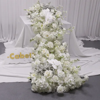 High Quality 2m Long Flower Runner Rows Artificial White Rose Runner for Wedding Table Centerpiece Decor