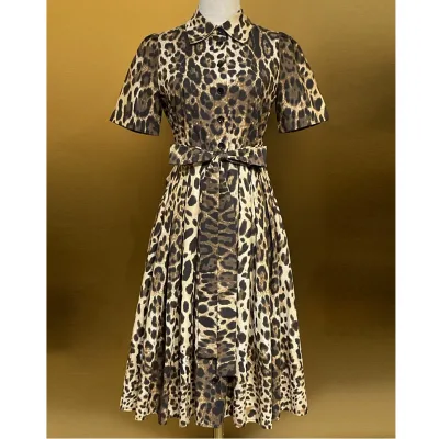 Top Quality New Cotton Dress 2026 Autumn Women Turn-down Collar Sexy Wild Leopard Prints Short Sleeve Casual Vintage Dress XXL