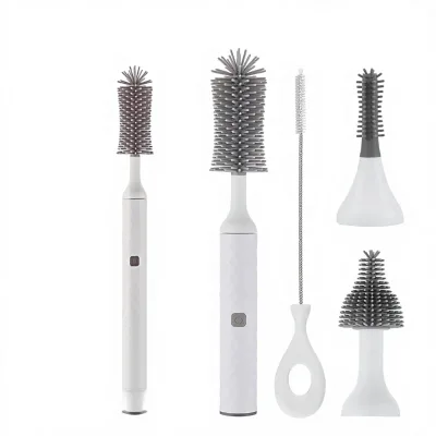 Electric Baby Bottle Brush Set Silicone Bottle Nipple Brush Long Straw Cleaner Rechargeable Waterproof Box Packaging White