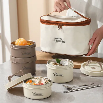 Portable Insulated Thermal Lunch Box with Stackable Bento Bowls and Carry Handle for School and Office
