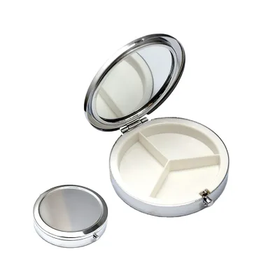 Promotional Travel Mini Round Metal Medical Pill Box with Mirror Eco-Friendly Weekly Organizer and Lock