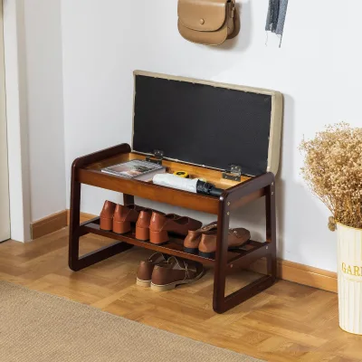 Solid Wood Shoe Bench, 2-Tier Entryway Bench with Cushion and Flip-Open Storage Box