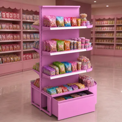 Double Sided Candy Gondola Shelving with Semicircular End Display and Base Bin for Confectionery Stores