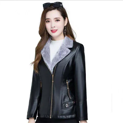 Women Classical Fashion PU Leather Jacket Winter Warm Lapel Casual Zipper Women Coat G166A