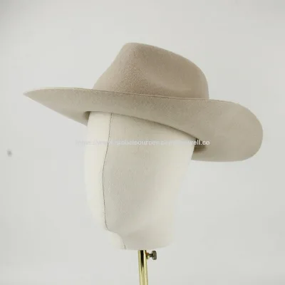 Classic Wide Brim Felt Cowboy Hat with Leather Strap - Light Beige