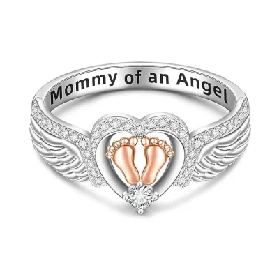 New S925 Pure Silver Design Baby Footprint Ring Angel's Wings Heart Ring Mother's Gift