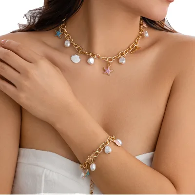 Hot Sale 18K Gold Plated Ocean Necklace Imitation Pearl Starfish Shell Pendant Zircon Jewellery Sets for Women